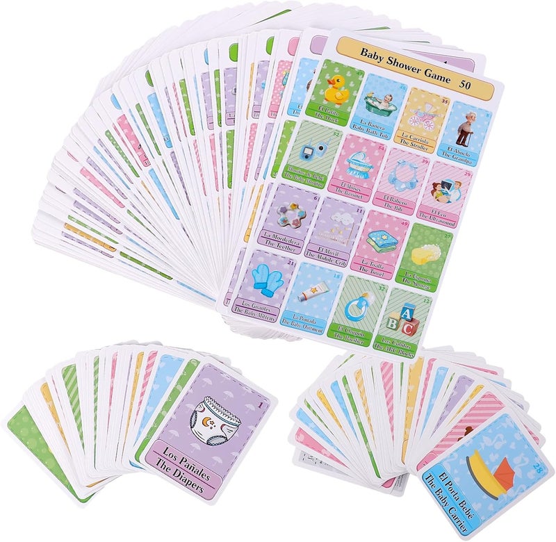 Ambercalm Baby Shower Games in Spanish English for 50 Players,Mexican Bingo Juegos para Baby Shower en Español for Boy and Girl,Funny Spanish Bingo Card Games - Image 1